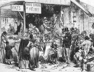 Ilustración de una carnicería con fresquísimo y apetecible género en perros, gatos y ratas, en los arrabales del París del S.XIX